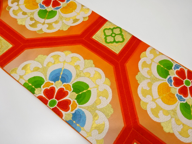 JAPANESE KIMONO / ANTIQUE FUKURO OBI / SILK / WOVEN FLORAL CREST